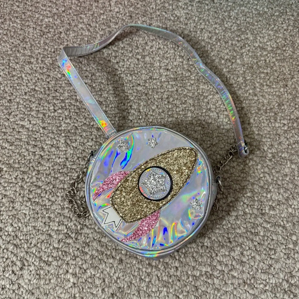 Kids Iridescent Silver Rocket Ship Glitter Crossbody Bag Circle Purse